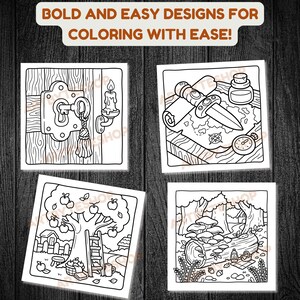May include: Four square coloring pages with black outlines. The pages feature a door with a key, a map with a compass, an apple tree with a ladder, and a forest scene with mushrooms. The text at the top says "BOLD AND EASY DESIGNS FOR COLORING WITH EASE!"