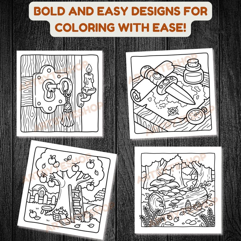 May include: Four square coloring pages with black outlines. The pages feature a door with a key, a map with a compass, an apple tree with a ladder, and a forest scene with mushrooms. The text at the top says "BOLD AND EASY DESIGNS FOR COLORING WITH EASE!"