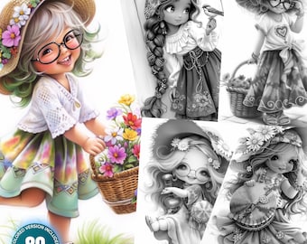 Hippie Cuties - 80 Coloring Pages for Adults and Kids Instant Download Grayscale Coloring Book Printable PDF & JPG Flower Boho girl coloring