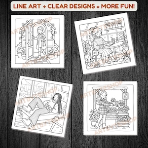 May include: Four square black and white line art illustrations. The top image has a person standing in a doorway. The text at the top says "LINE ART + CLEAR DESIGNS = MORE FUN!". The other images show people in a greenhouse setting.