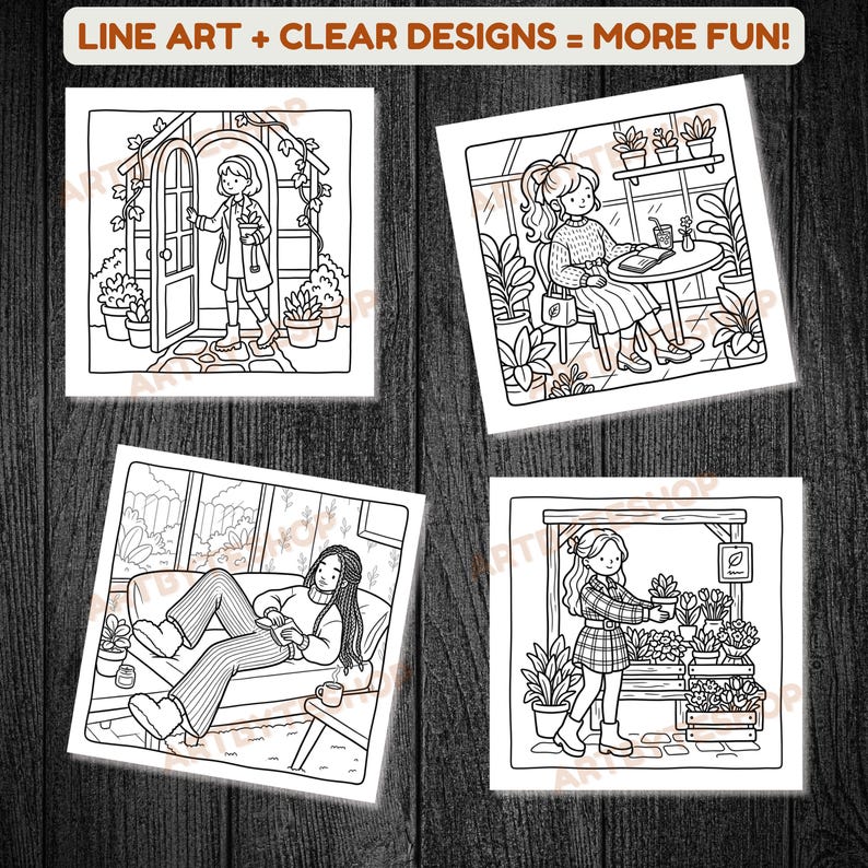 May include: Four square black and white line art illustrations. The top image has a person standing in a doorway. The text at the top says "LINE ART + CLEAR DESIGNS = MORE FUN!". The other images show people in a greenhouse setting.