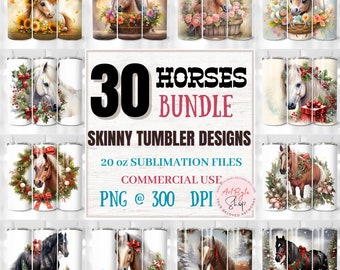 30 Horse Tumbler Wrap Bundle, 20oz Straight & Tapered Sublimation Designs, Pony Tumbler Wrap Instant Digital Download PNG, Christmas Horses