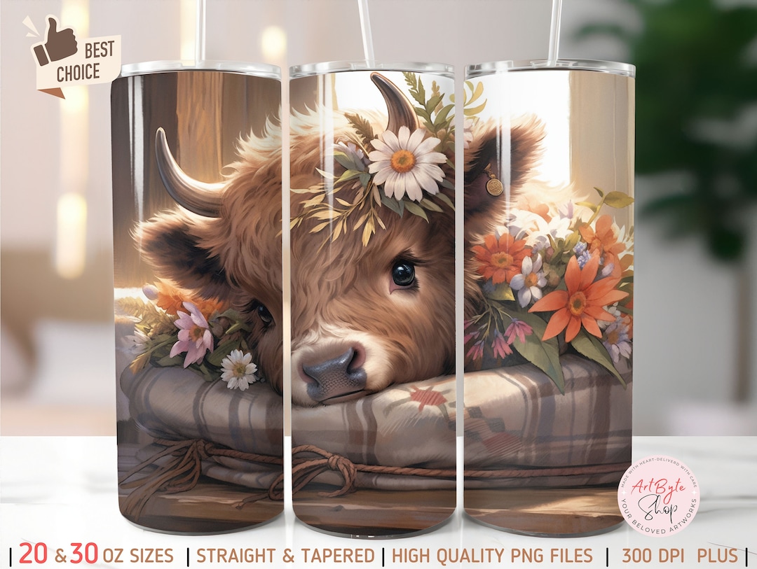 Cute Baby Highland Cow 20 Oz and 30 Oz Tumbler Wrap Sublimation Design ...