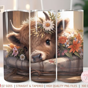 Diseño de sublimación de adorable vaca bebé de las Tierras Altas para vasos de 20 oz y 30 oz con flores bohemias, descarga digital, diseño de sublimación, para vasos rectos y cónicos.