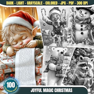 Fröhliche magische Weihnachten: 100 weihnachtliche Malvorlagen für Erwachsene und Kinder Graustufen Weihnachtsmalbuch PDF & JPG Winter Fantasy Malbuch