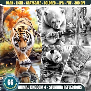 May include: A set of 66 colouring pages featuring stunning reflections of animals in water. The images include a tiger, a polar bear, a panda, and a deer. The images are in black and white, with a coloured version included.