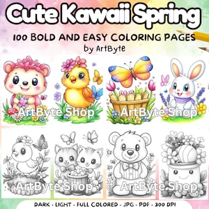 Bold and Easy Cute Kawaii Spring Coloring Book: 100 Coloring Pages for Adults and Kids Instant Download Coloring Book Printable PDF & JPG