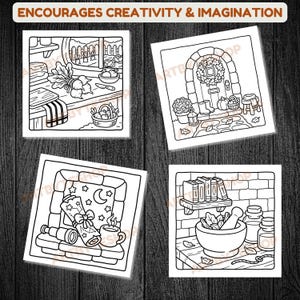 May include: Four square black and white illustrations on a dark wood background. The illustrations depict scenes of a kitchen, a doorway, a window with a scroll, and a mortar and pestle. The text "ENCOURAGES CREATIVITY & IMAGINATION" is at the top.