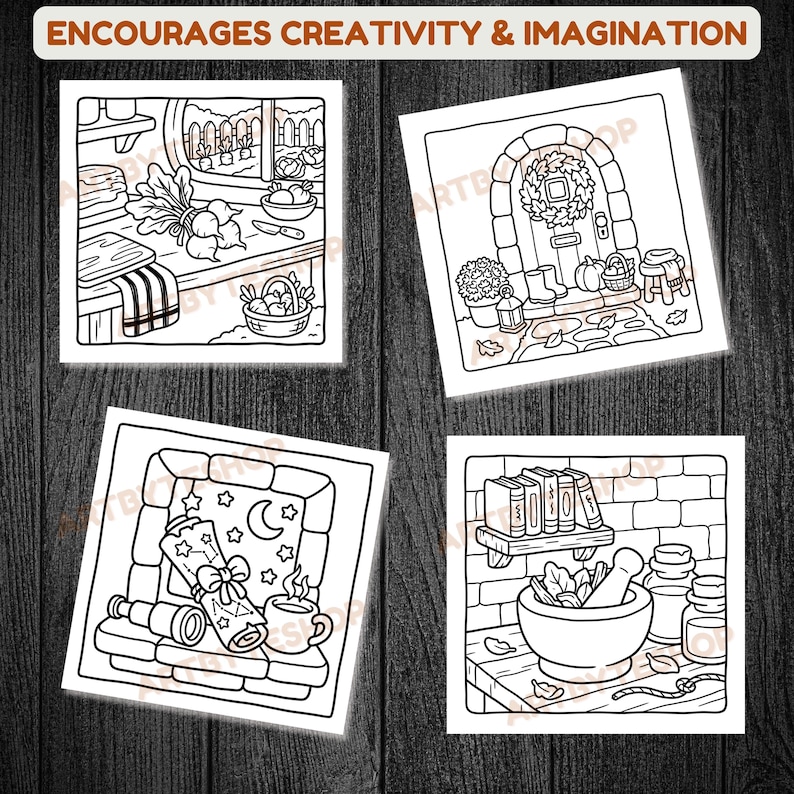 May include: Four square black and white illustrations on a dark wood background. The illustrations depict scenes of a kitchen, a doorway, a window with a scroll, and a mortar and pestle. The text "ENCOURAGES CREATIVITY & IMAGINATION" is at the top.