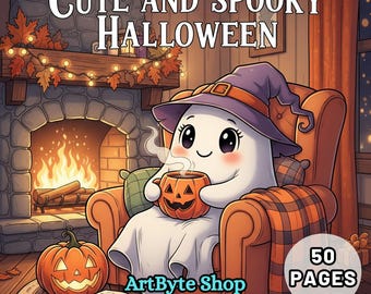 May include: A cute cartoon ghost wearing a witch hat, holding a pumpkin mug, and sitting in an armchair. The image has the text "Cute and Spooky Halloween" and "50 PAGES". A pumpkin and a fireplace are in the background.