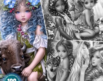 Beautiful Fairies and Animals Coloring Book: 100 Printable Fantasy Fairy Art Digital Download PDF Pages Kids Adults Magic Coloring Bundle