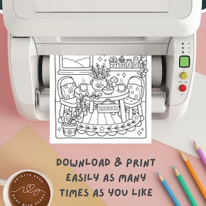 May include: Black and white printable coloring page featuring a brunch scene with a table, chairs, and plants. The word "BRUNCH" is on a sign. Text at the bottom reads "DOWNLOAD & PRINT EASILY AS MANY TIMES AS YOU LIKE". The image is coming out of a printer.