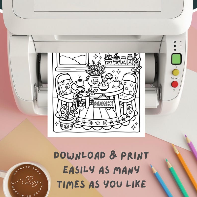 May include: Black and white printable coloring page featuring a brunch scene with a table, chairs, and plants. The word "BRUNCH" is on a sign. Text at the bottom reads "DOWNLOAD & PRINT EASILY AS MANY TIMES AS YOU LIKE". The image is coming out of a printer.