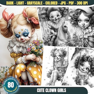 Süßer Clown Mädchen: 80 Malseiten für Erwachsene und Kinder Sofort Download Graustufen Malbuch Printable PDF & JPG Fantasy Mädchen Bundle