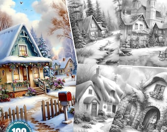 Gemütliche Weihnachtshäuschen Malbuch Graustufen Winter Malvorlagen | Gemütlicher Urlaub für Erwachsene zum Ausmalen | Digitaler Download druckbares PDF-Bundle