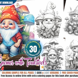 30 Enchanted Gnomes with Toadstool Coloring Pages for Adults and Kids Grayscale Printable Coloring Book Fantasy Art Gift Instant Download