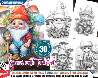 30 Enchanted Gnomes with Toadstool Coloring Pages for Adults and Kids Grayscale Printable Coloring Book Fantasy Art Gift Instant Download