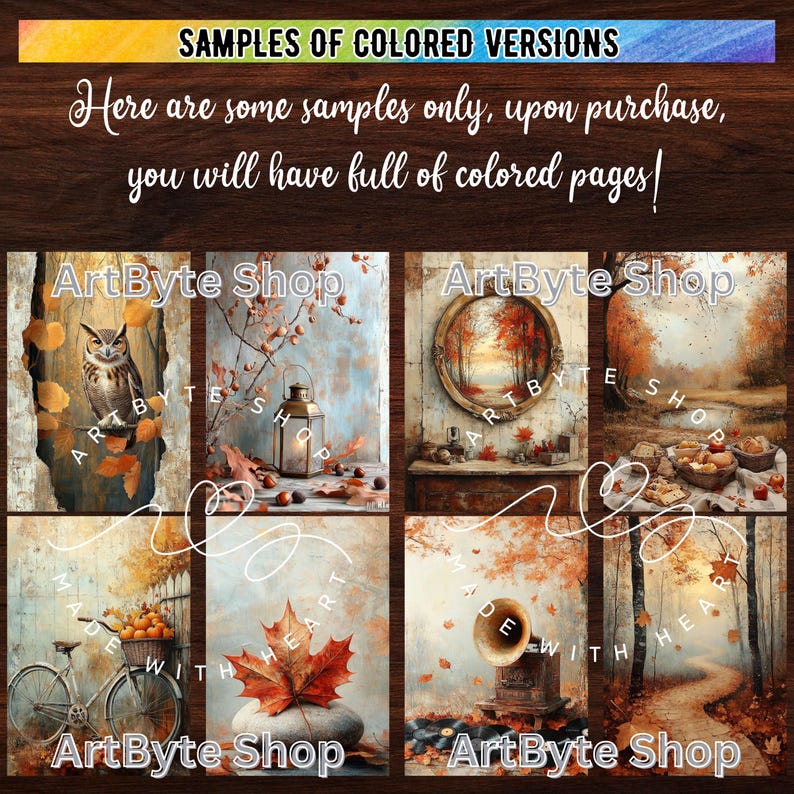 May include: Four digital art samples of autumn scenes with the text "ArtByte Shop" and "Made with Heart" in each image. The scenes include an owl, a lantern, a bicycle with oranges, a red leaf, a mirror, a table with fruit, and a path through trees.