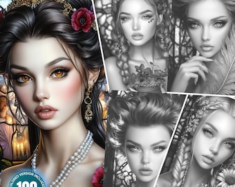 May include: A digital art print featuring a collection of portraits of women with various hairstyles and accessories. The main image is a colored portrait with a woman wearing a pearl necklace and floral accents. The other images are grayscale versions. Text reads "STAINED GLASS BEAUTIES".