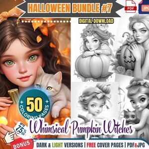 May include: A digital download bundle of 50 coloring pages featuring whimsical pumpkin witches with cats. The bundle includes dark and light versions of the images, as well as free cover pages. The images are in PDF and JPG format.