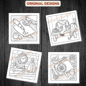 May include: Four black and white illustrations of various objects. One shows a pen, inkwell, and paper. Another depicts a bag, scarf, and umbrella on a bench. A third shows a clock and jacket. The last shows a magnifying glass and scissors.