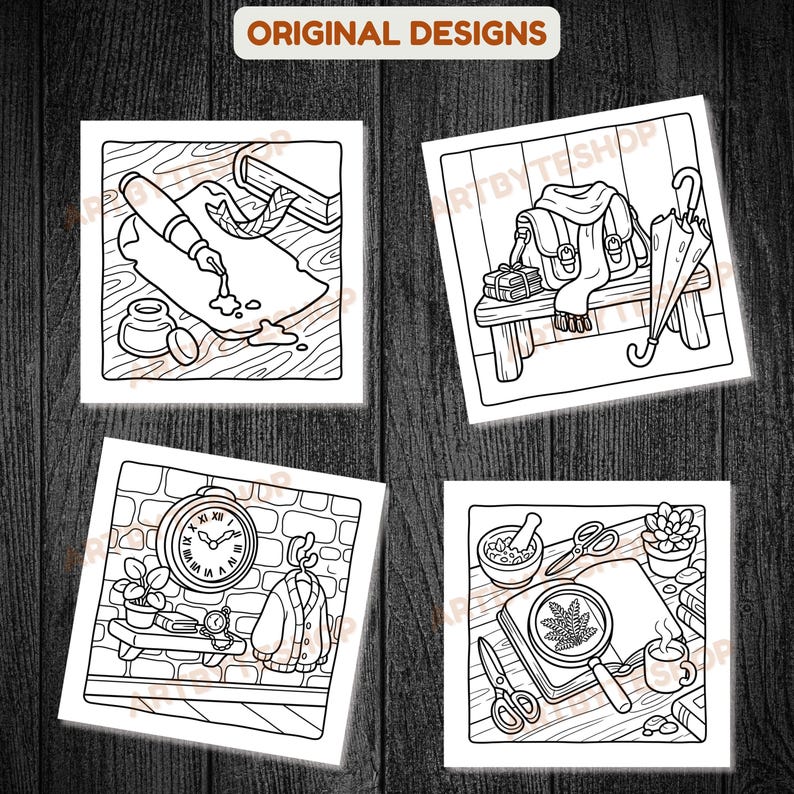 May include: Four black and white illustrations of various objects. One shows a pen, inkwell, and paper. Another depicts a bag, scarf, and umbrella on a bench. A third shows a clock and jacket. The last shows a magnifying glass and scissors.