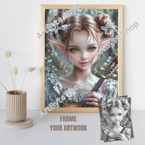 May include: A digital painting of a fairy with pointed ears, wearing a floral dress and holding a lute. She has long brown hair with blue and white ribbons. The background is a blurred forest scene.