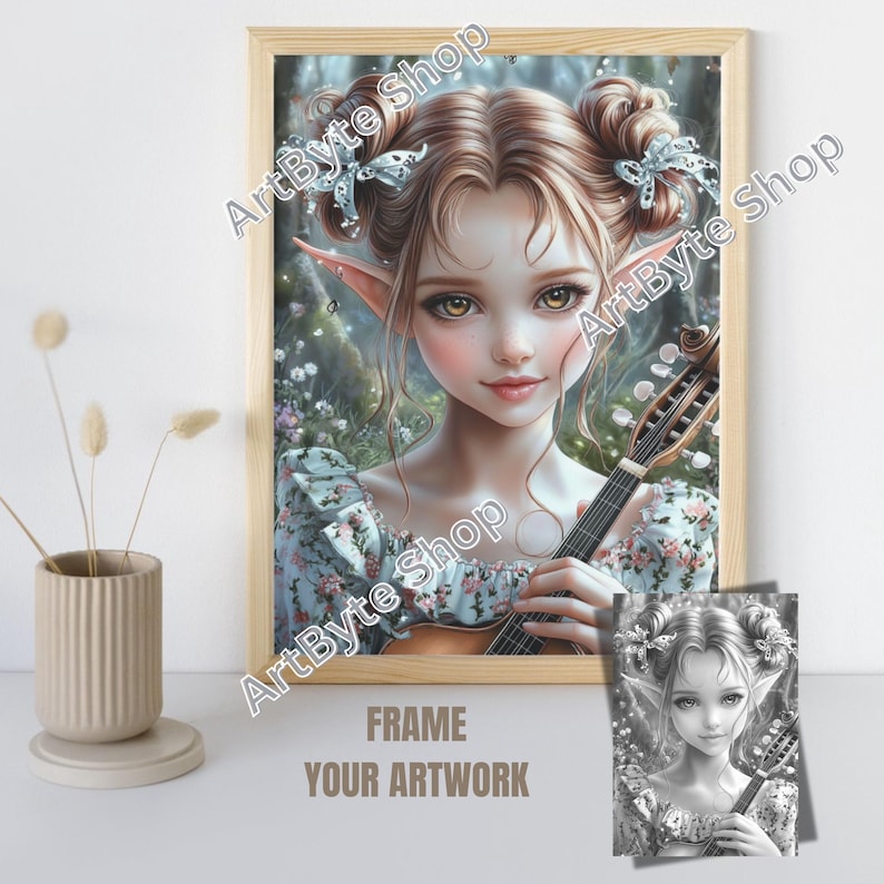 May include: A digital painting of a fairy with pointed ears, wearing a floral dress and holding a lute. She has long brown hair with blue and white ribbons. The background is a blurred forest scene.
