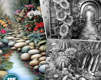 Botanisk målarbok i zenträdgården | Digitala nedladdningar av mindfulnesskonstsidor | Utskrivbar terapeutisk PDF för vuxna | Naturmeditationsark JPG och PDF