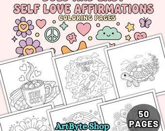 Livro de colorir com afirmações de amor-próprio | 50 páginas fáceis e ousadas para baixar em PDF | Arteterapia de atenção plena para adultos | Páginas para imprimir com citações positivas