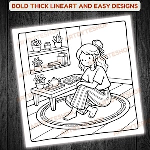May include: Black and white line art illustration of a person sitting on a rug, reading a book. A small table holds a teapot and teacup. The image includes the text "BOLD THICK LINEART AND EASY DESIGNS".