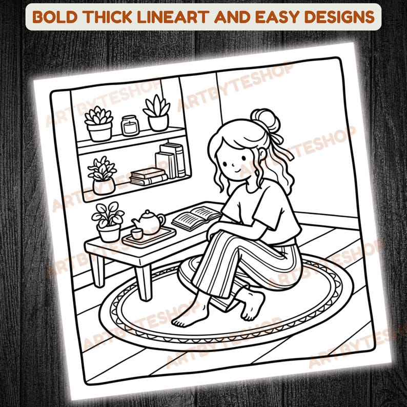 May include: Black and white line art illustration of a person sitting on a rug, reading a book. A small table holds a teapot and teacup. The image includes the text "BOLD THICK LINEART AND EASY DESIGNS".