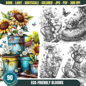 Puede incluir: Un conjunto de 90 páginas para colorear con flores ecológicas. Las imágenes incluyen girasoles, margaritas y otras flores en una variedad de arreglos. Las imágenes están en blanco y negro, y el texto "ECO-FRIENDLY BLOOMS" está en la parte inferior de la imagen.