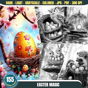 May include: A digital colouring book with 155 pages featuring Easter-themed illustrations. The cover image shows a colourful Easter egg in a nest, a nest of eggs with an owl, and a hedgehog with eggs.