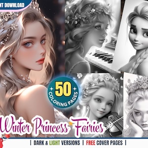 Winter Princess Fairies - 50 Coloring Pages for Adults and Kids Instant Download Grayscale Coloring Book Printable PDF Fairy Girls Fantasy