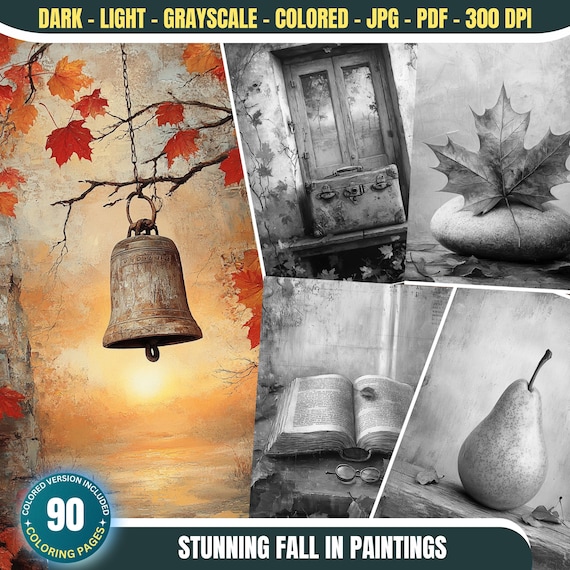 Stunning Fall in Paintings: 90 Coloring Pages for Adults and Kids Instant Download Grayscale Coloring Book Printable PDF & JPG Fall Coloring