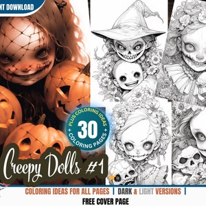 Creepy Dolls #1 - 30 Malvorlagen für Erwachsene und Kinder Sofort Download Graustufen Malbuch Printable PDF Halloween Malbuch