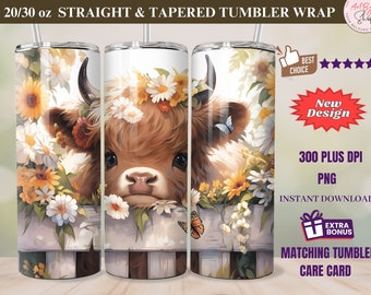 Cute Baby Highland Cow 20 oz and 30 oz Tumbler Wrap Sublimation Design Boho Flowers Digital Download, Straight & Tapered Tumbler Wrap PNG