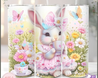 Seamless Floral Rabbit Skinny Tumbler Wrap 20oz Sublimation Design Floral Baby Rabbit Digital Download Easter Bunny PNG Gift Pink gift Girls