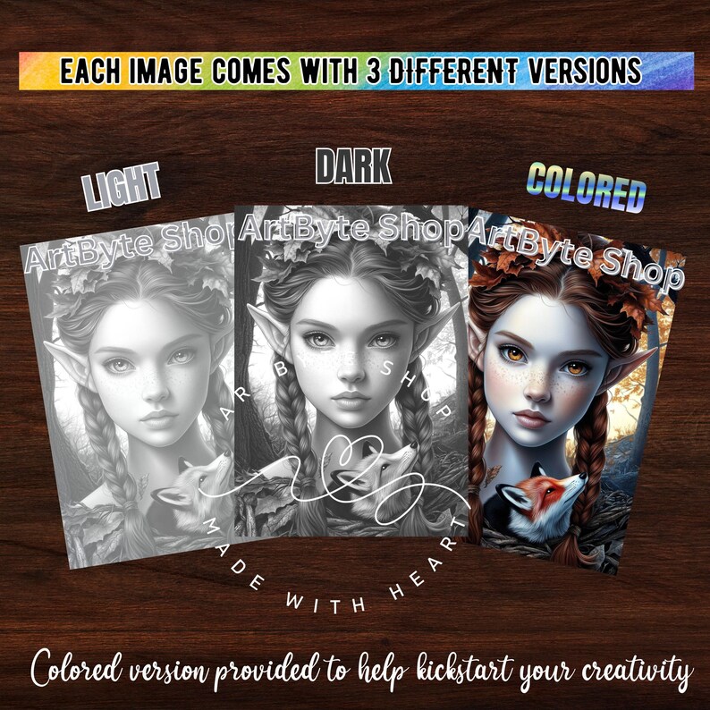 May include: Three versions of a coloring page featuring a young woman with long hair and pointed ears, holding a fox. The versions are light, dark, and colored. The text "ArtByte Shop" appears on each version.