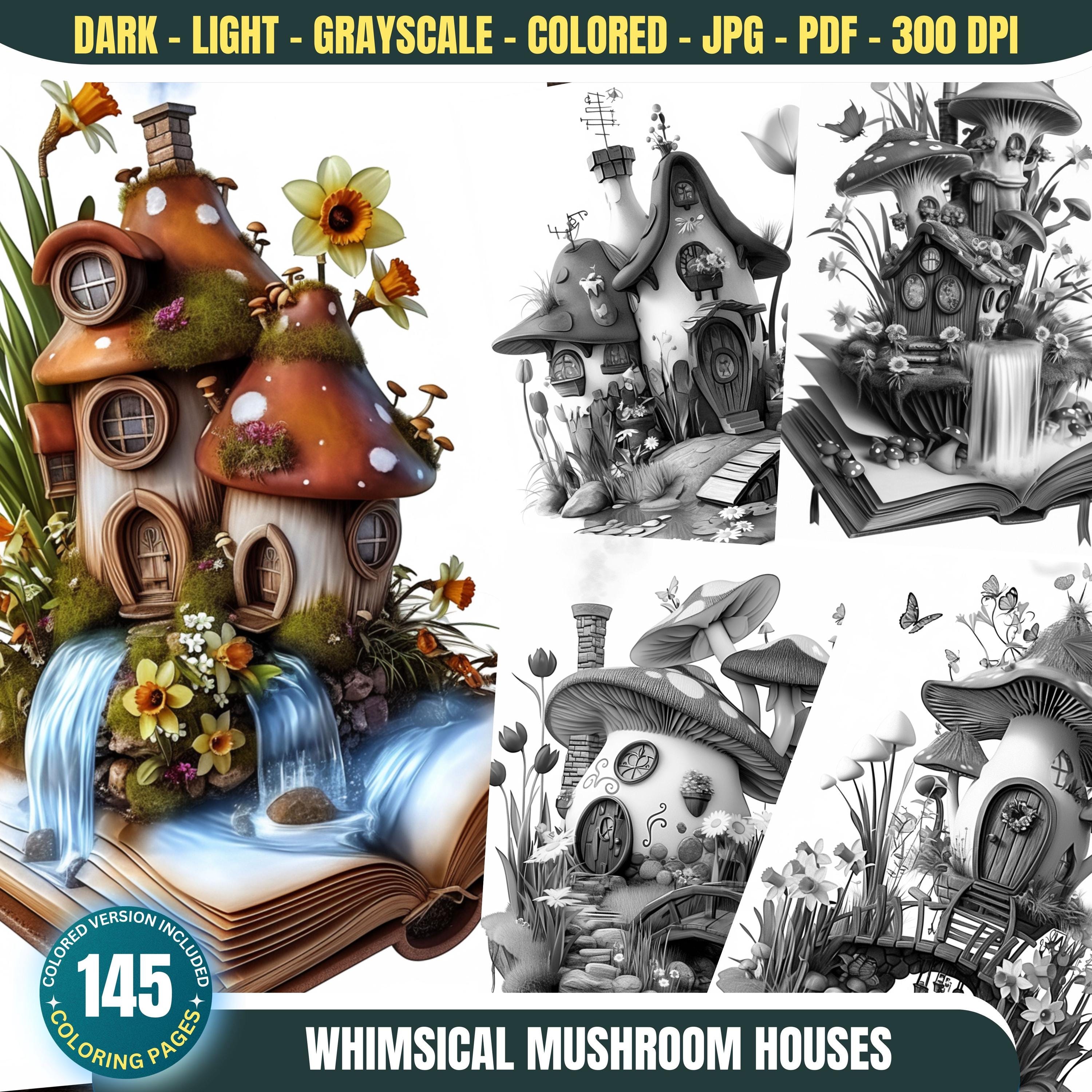 Whimsical Mushroom Houses: 145 Coloring Pages for Adults and Kids ...