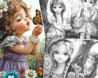 May include: A coloring book with 85 pages featuring adorable girls in a spring setting. The cover shows a girl with long brown hair blowing on a butterfly with a pink dress and a flower bracelet. The book includes a colored version of the cover.