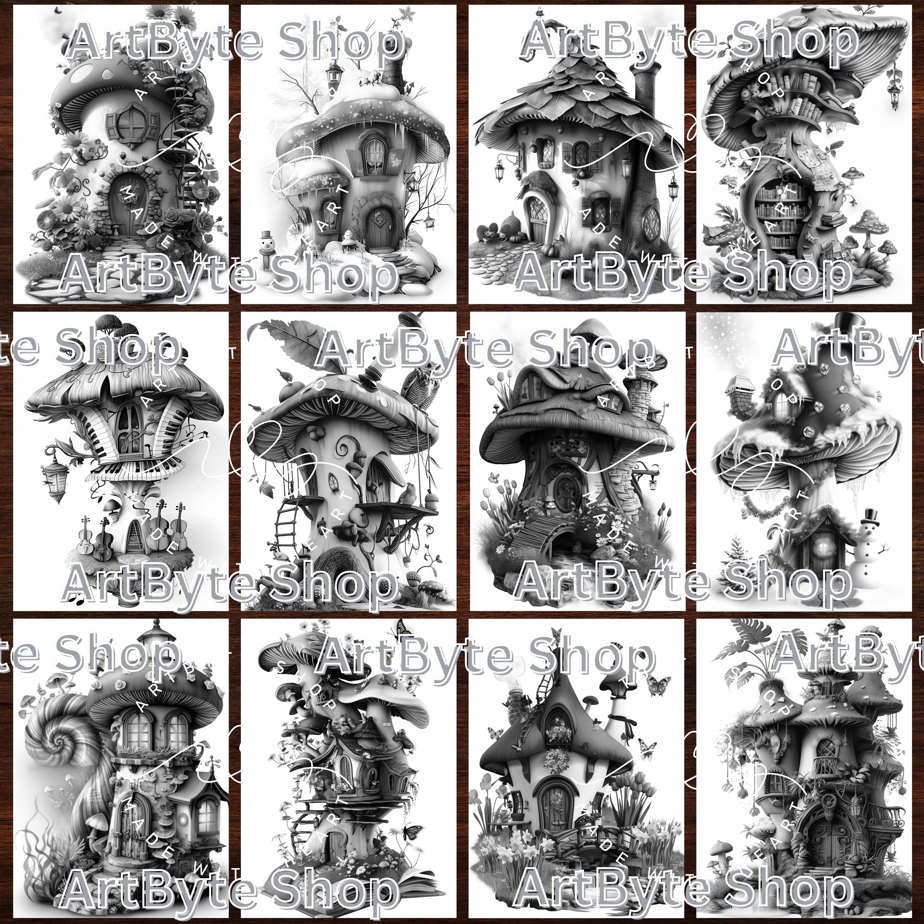 Whimsical Mushroom Houses: 145 Coloring Pages for Adults and Kids ...