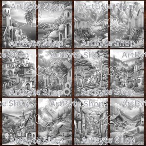 May include: A collection of twelve grayscale coloring pages featuring detailed illustrations of European villages, landscapes, and architecture. Each page includes the text "ArtByte Shop". The images depict various scenes with buildings, trees, and natural elements.