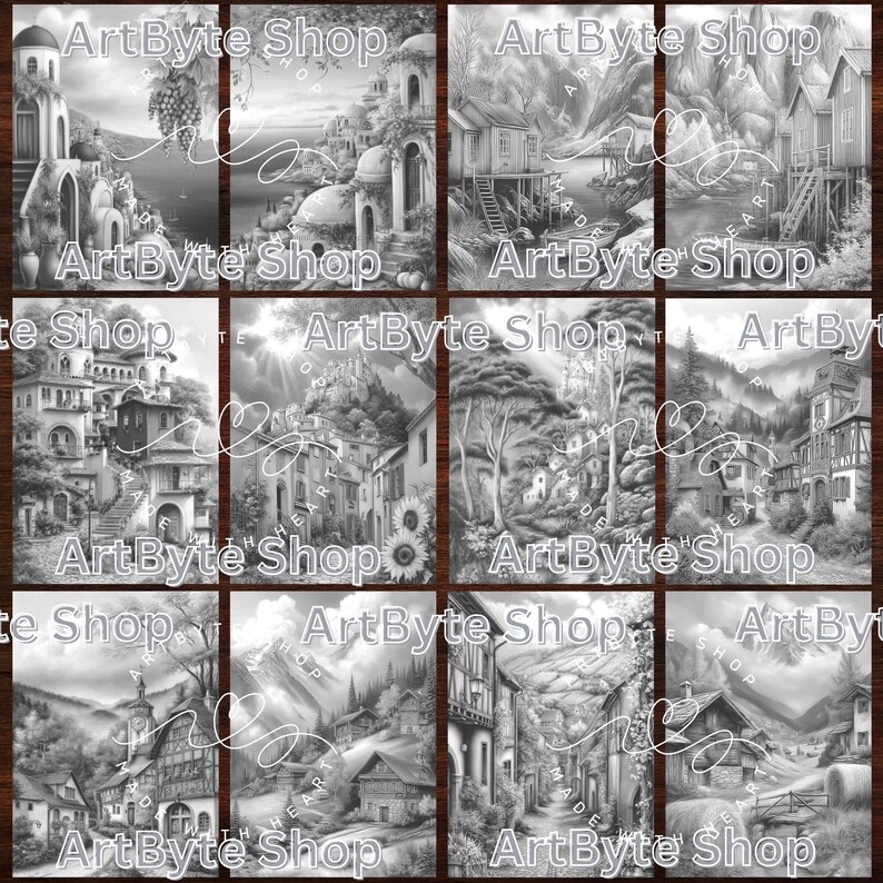 May include: A collection of twelve grayscale coloring pages featuring detailed illustrations of European villages, landscapes, and architecture. Each page includes the text "ArtByte Shop". The images depict various scenes with buildings, trees, and natural elements.