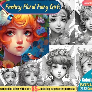 Enchanted Floral Fairies - 26 Coloring Pages For Kids and Adults Plus 52 Coloring Ideas Instant Download Grayscale Coloring Pages Printable