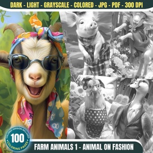 Farm Animals - Animal on Fashion: 100 Coloring Pages for Adults and Kids Instant Download Grayscale Animal Coloring Book PDF & JPG Bundle