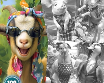 Boerderijdieren - Animal on Fashion: 100 kleurpagina's voor volwassenen en kinderen Instant Download grijswaarden dierenkleurboek PDF & JPG-bundel