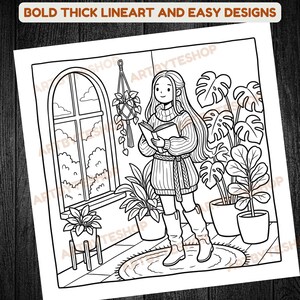May include: Black and white line art illustration of a person reading a book in a room filled with plants. The image includes the text "BOLD THICK LINEART AND EASY DESIGNS". The person is wearing a sweater and boots.