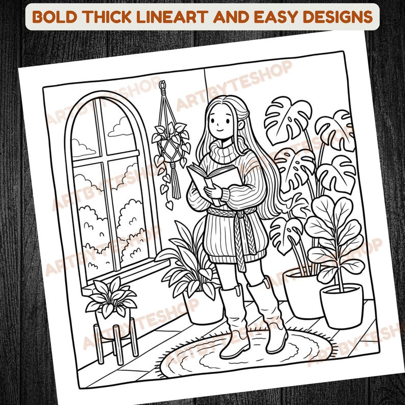 May include: Black and white line art illustration of a person reading a book in a room filled with plants. The image includes the text "BOLD THICK LINEART AND EASY DESIGNS". The person is wearing a sweater and boots.